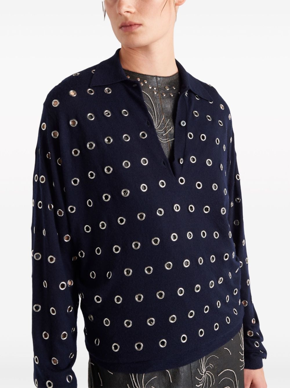 eyelet-detailed knitted polo shirt - 4