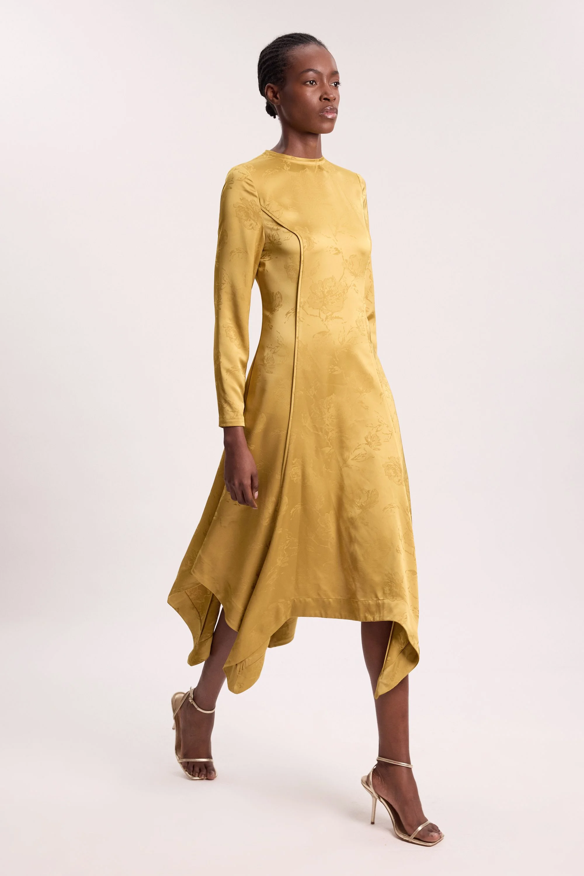 Jacquard Long Sleeve Hanky Hem Woven Maxi Dress - 1