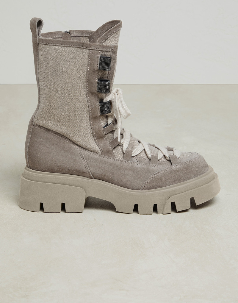 Suede and canvas boots with precious eyelets 1