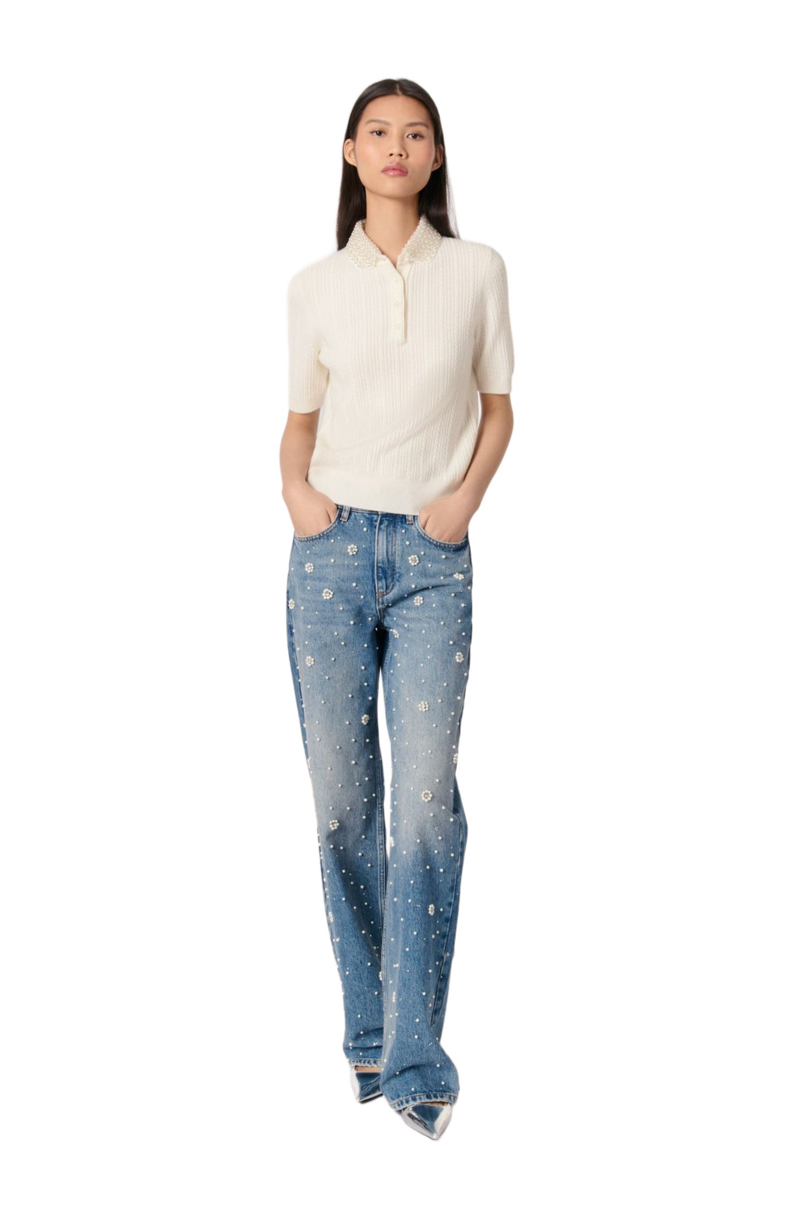 maje Removable collar knit polo shirt in Ecru at Nordstrom - 1