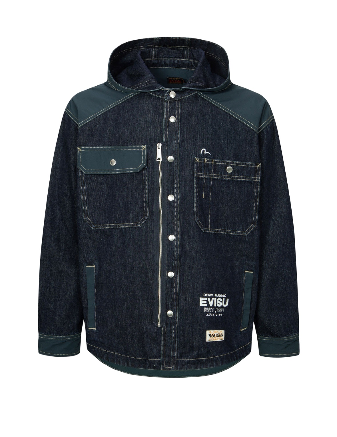 Logo Print Loose Fit Hooded Denim Shirt Jacket - 14