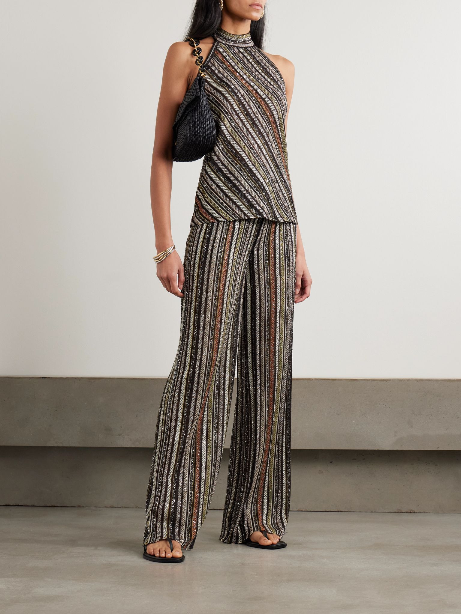 Sequin-embellished striped metallic crochet-knit wide-leg pants Metallic - 2