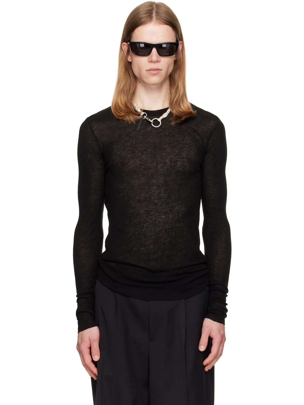Black Sheer Wool Ribbed Knit Sweater - 1