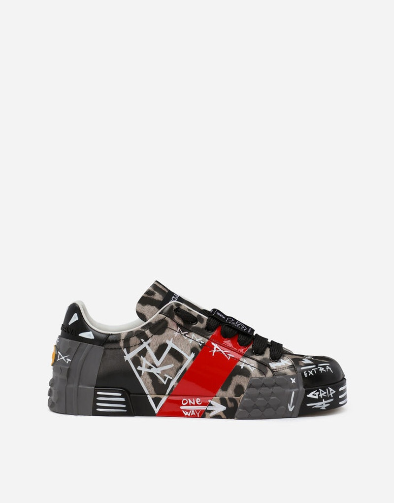 Printed calfskin Portofino sneakers with lettering 1