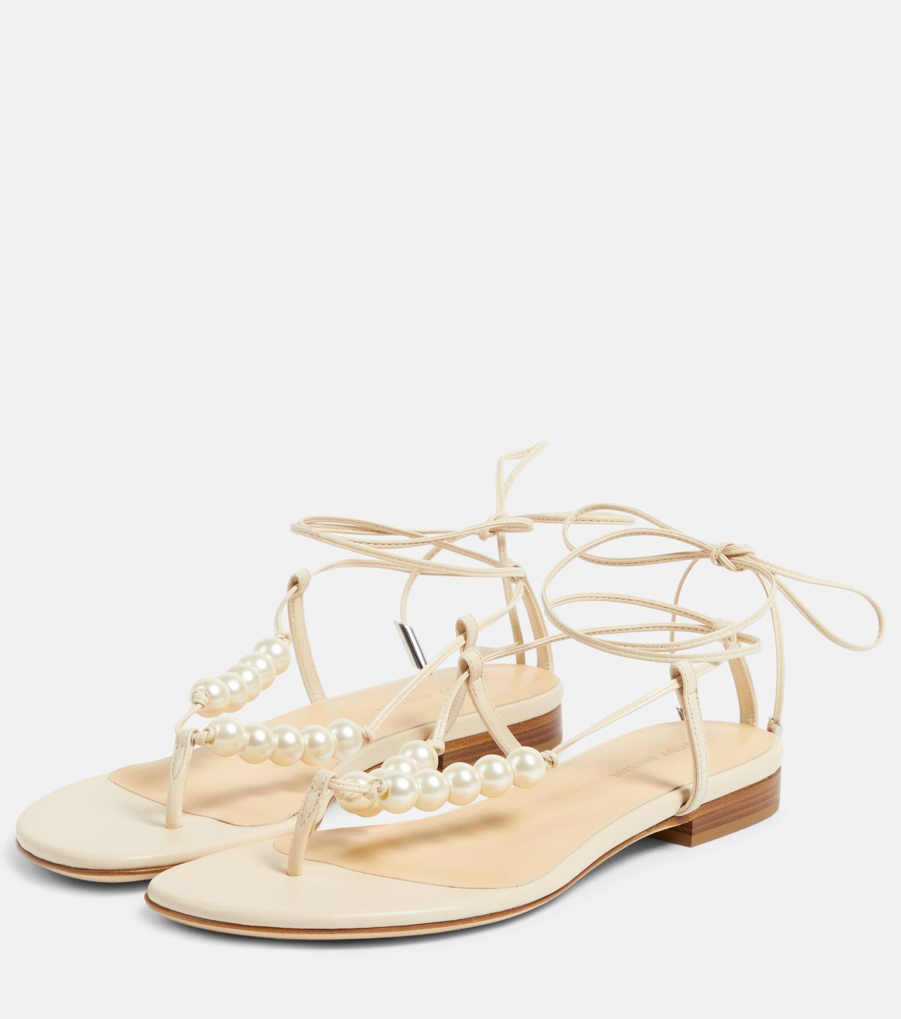 Faux-pearl embellished leather sandals - 5