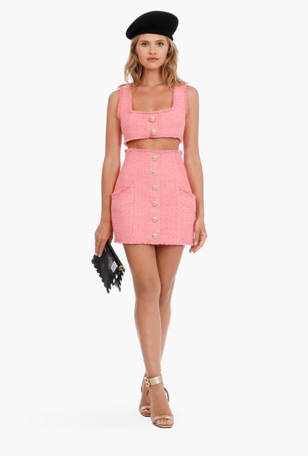 Short pink tweed high-waisted skirt - 2