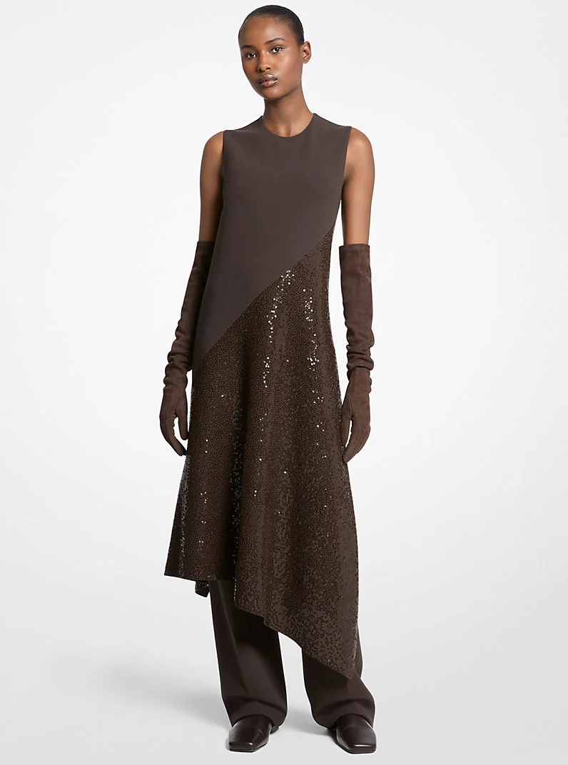 Hand-Embroidered Sequin Double Faced Stretch Wool Dress - 1