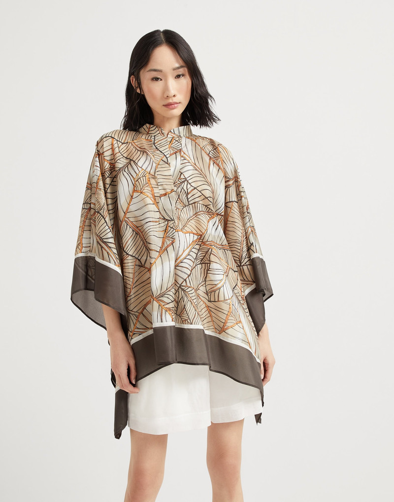 Silk papyrus print pongée poncho - 1