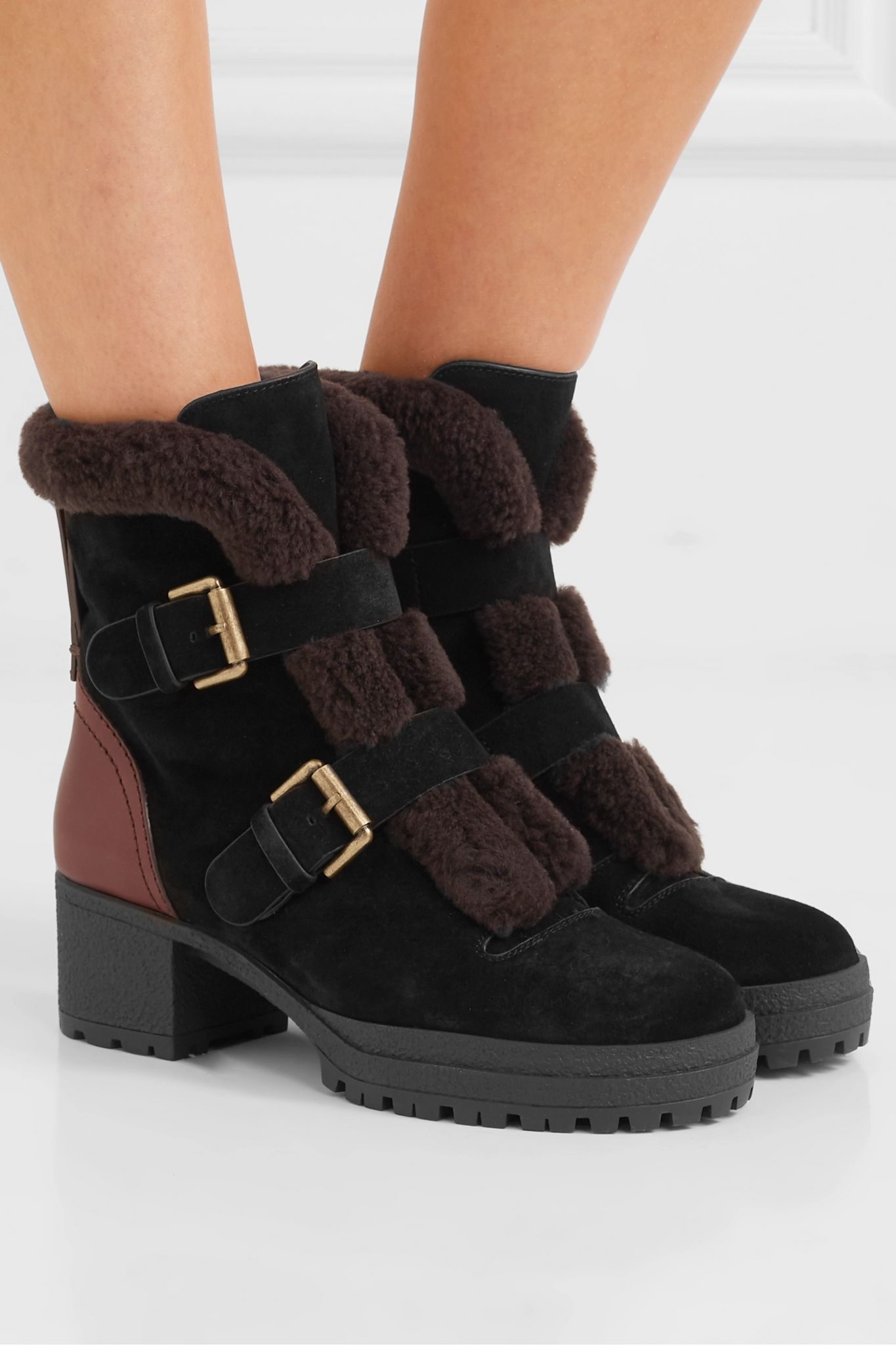 Shearling-trimmed suede and leather ankle boots - 2