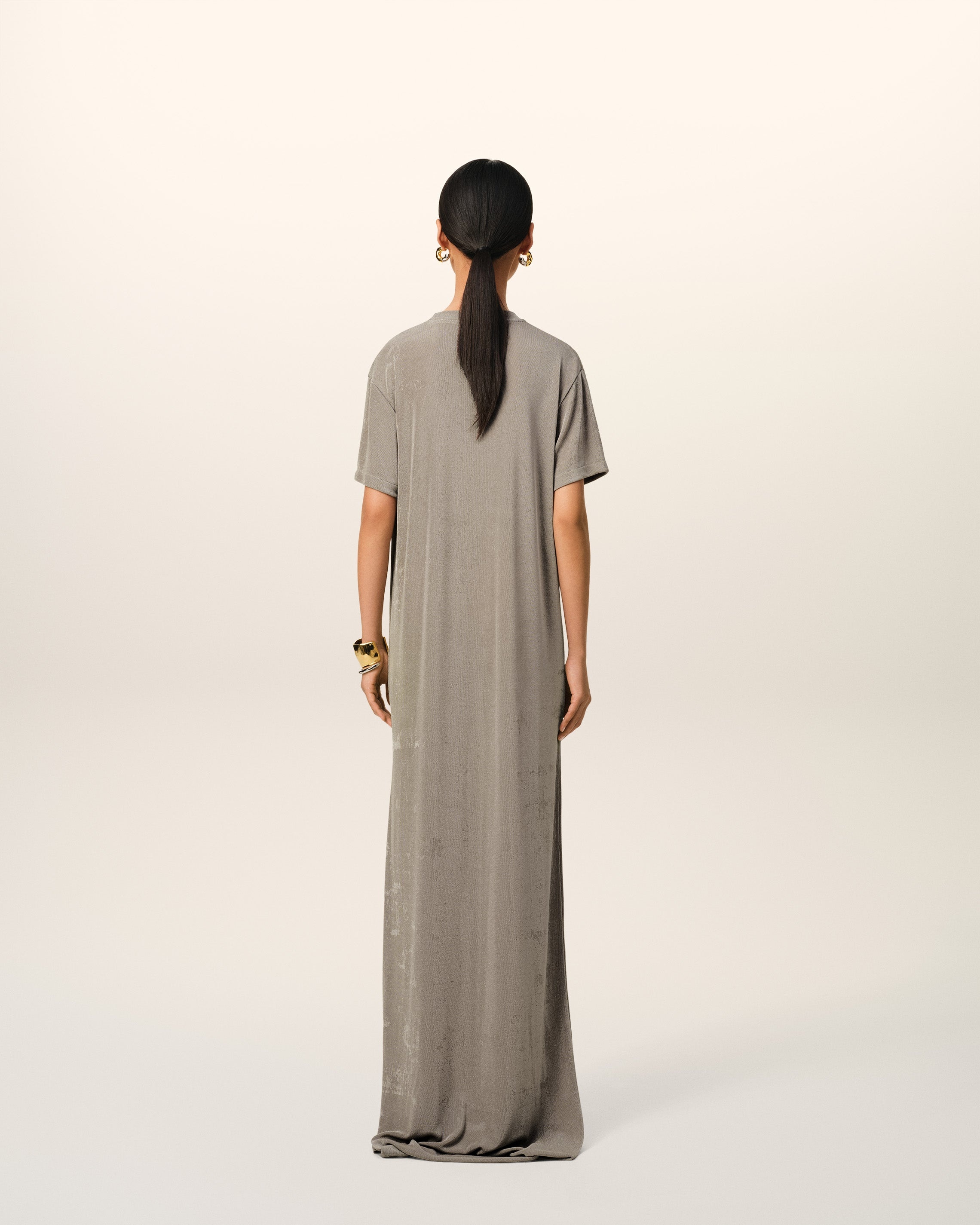 BEIGE RIB JERSEY SHORT SLEEVE LONG DRESS - 5