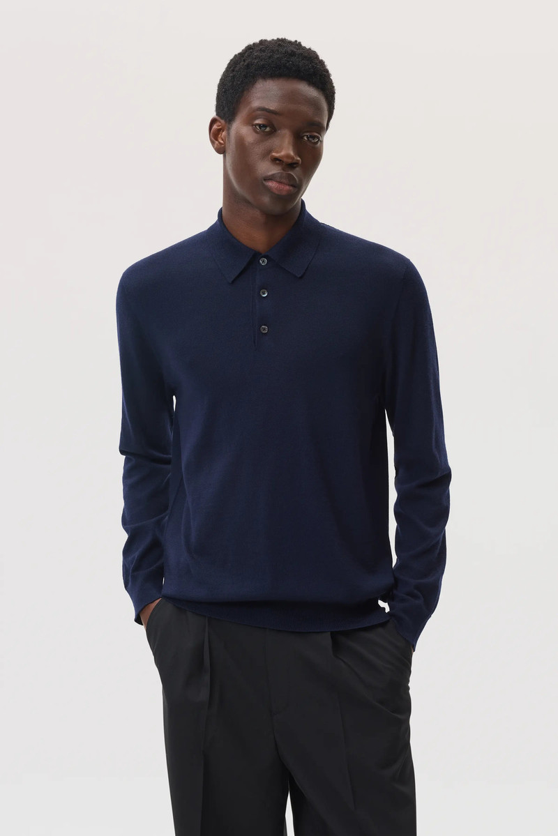 Johnstons of Elgin Merino Long Sleeve Navy Polo Shirt outlook