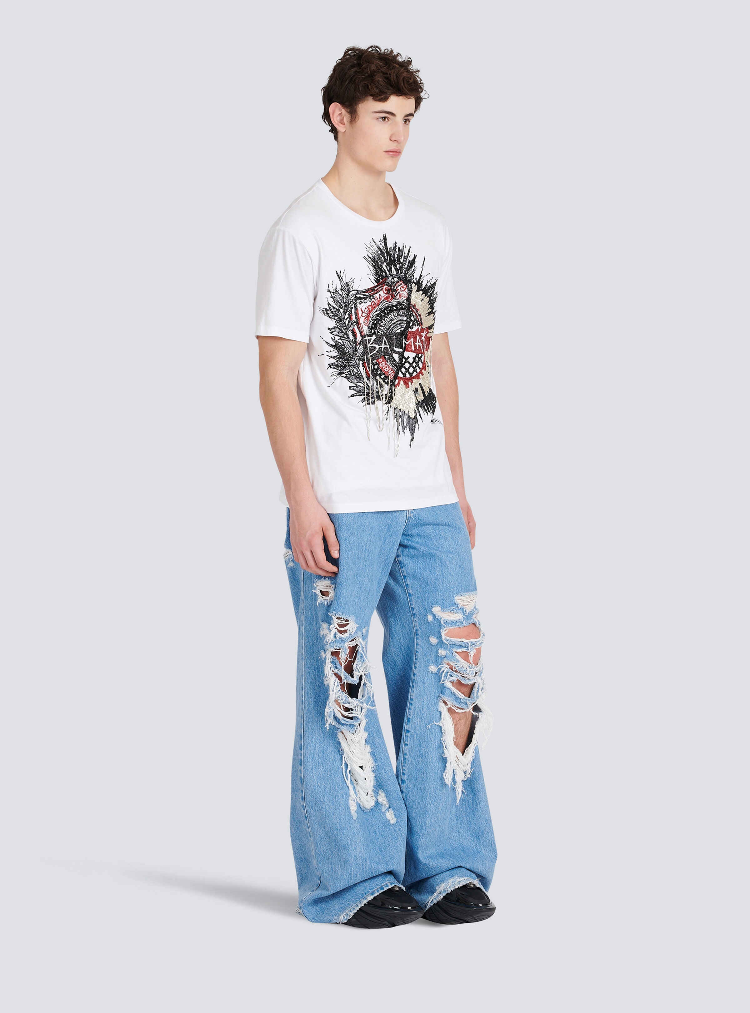 Oversized cotton T-shirt with embroidered Balmain logo - 5