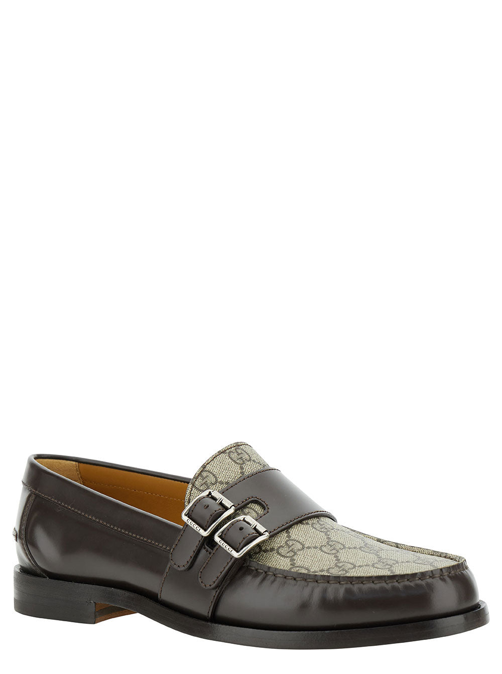 Gucci Men Beige And Ebony Loafers With Double Buckle In Leather And Gg Supreme Canvas Man - 2