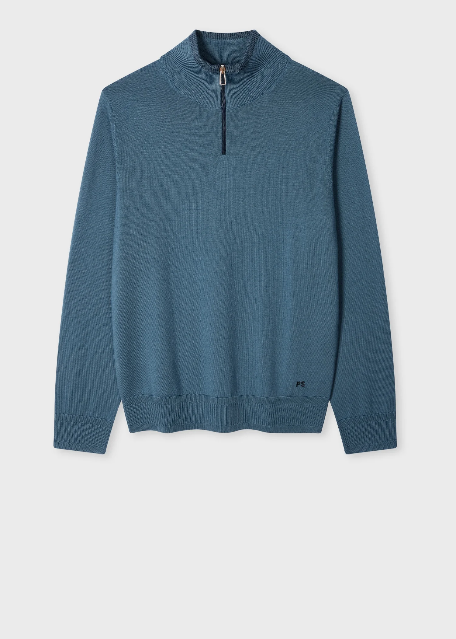 Petrol Blue Merino Wool Half Zip Sweater - 1