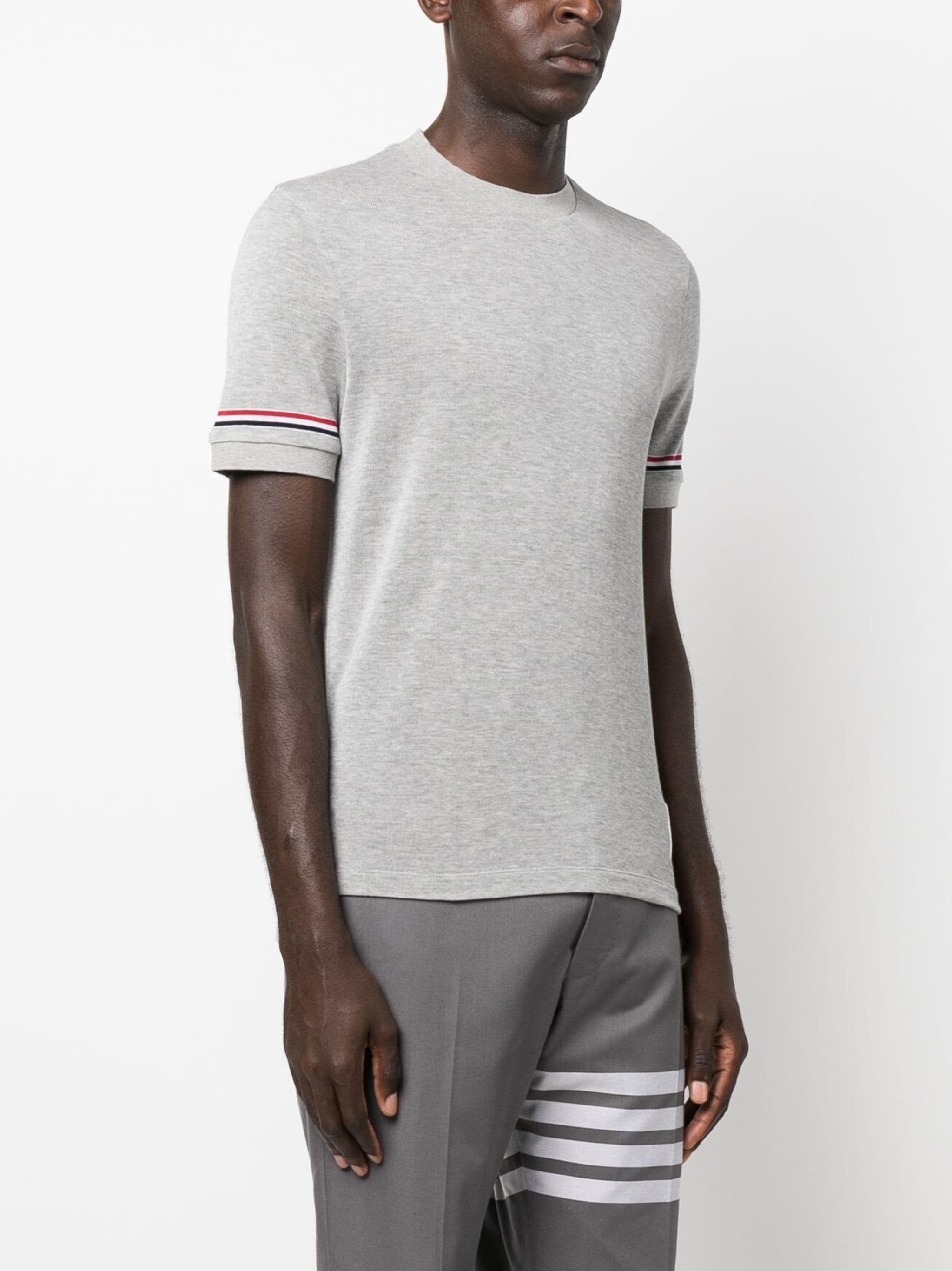 THOM BROWNE Men Short Sleeve Rib Cuff Tee In Light Weight Cotton Knit W/ RWB Stripe - 3