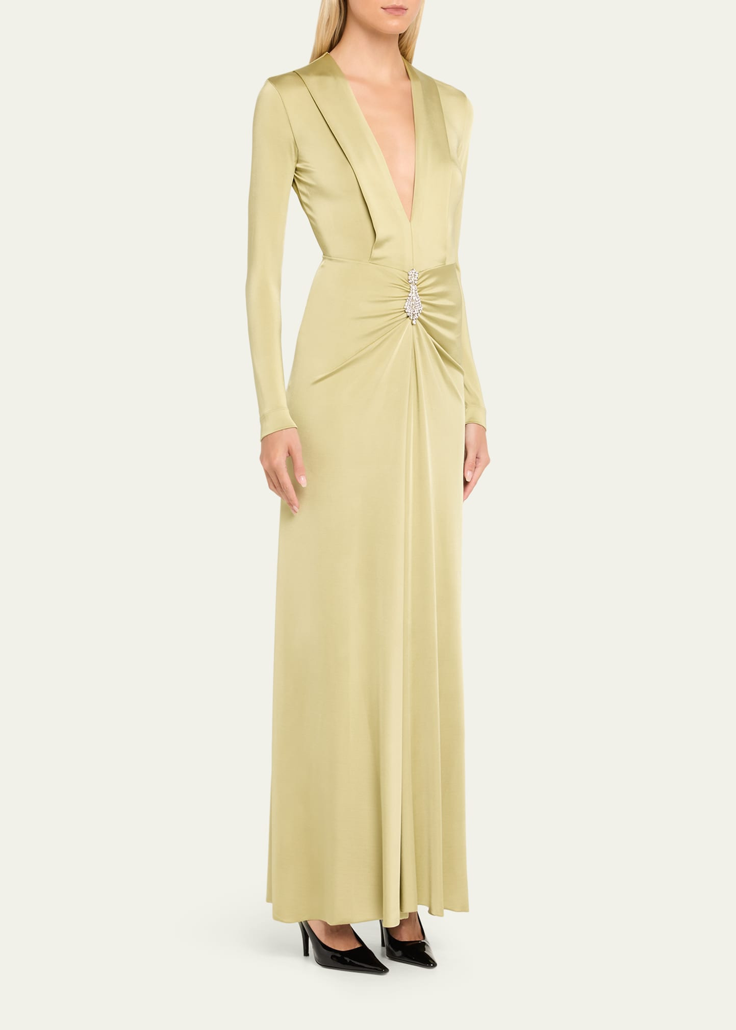 Plunging Gathered Crystal Long-Sleeve Gown - 4
