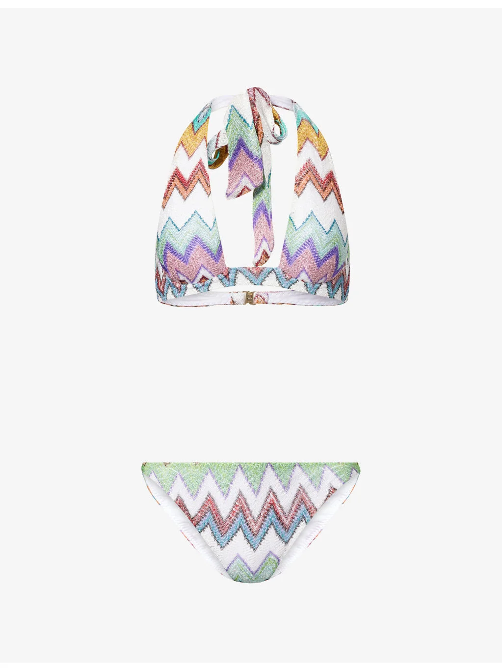 Chevron-Pattern Halterneck Metallic-Knit Bikini Set - 1