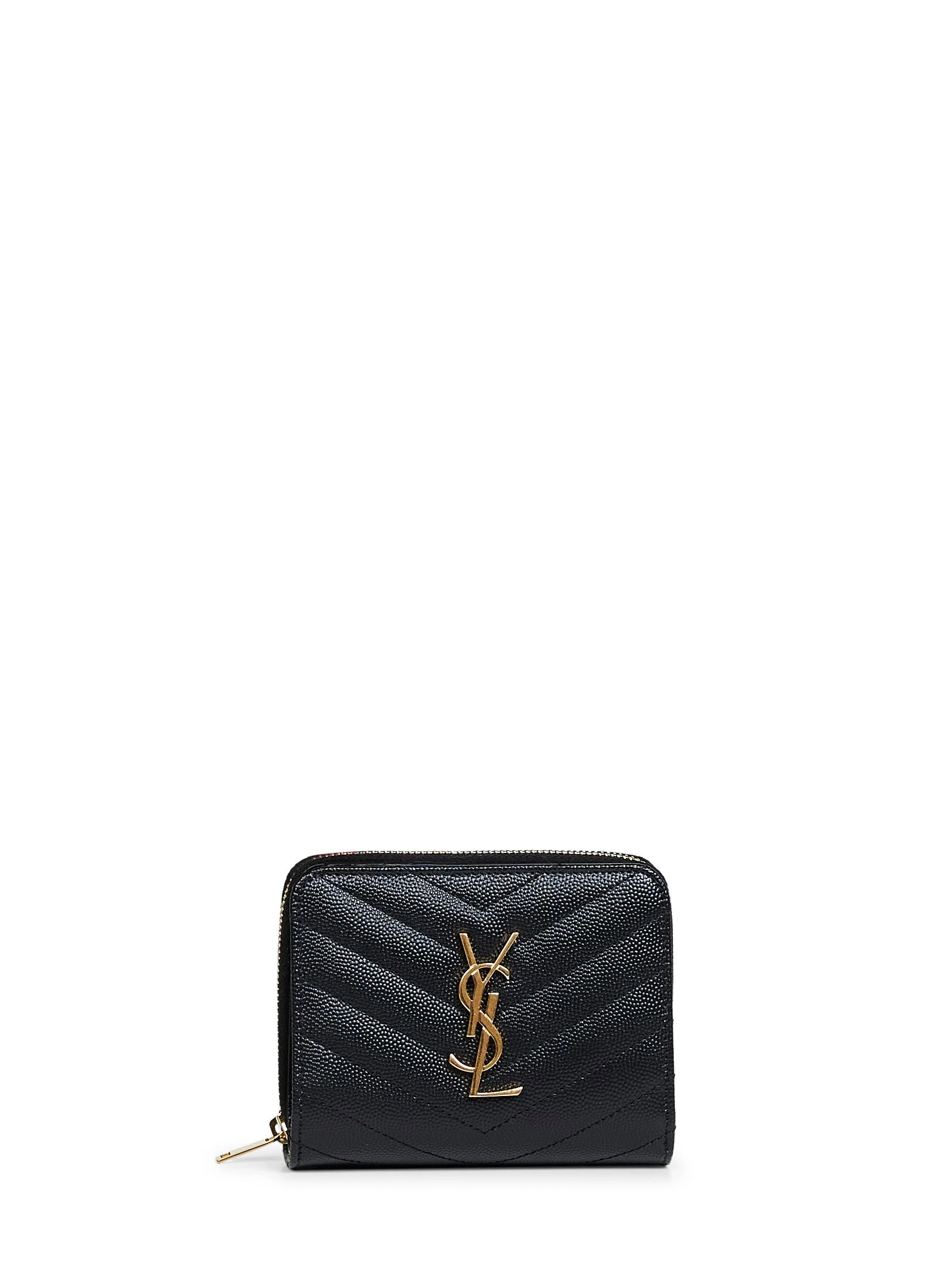 Saint Laurent Women Black Leather Cassandre Compact Zip Around Wallet - 1