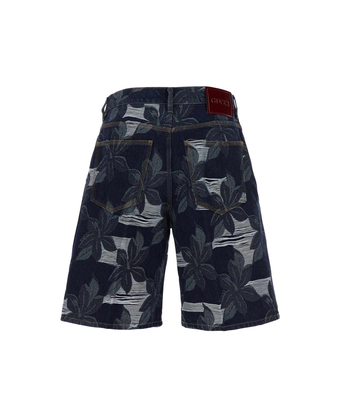 Blue Bermuda Shorts With All-over Floral Embroidery And Logo Patch On The Back In Denim Man - 2
