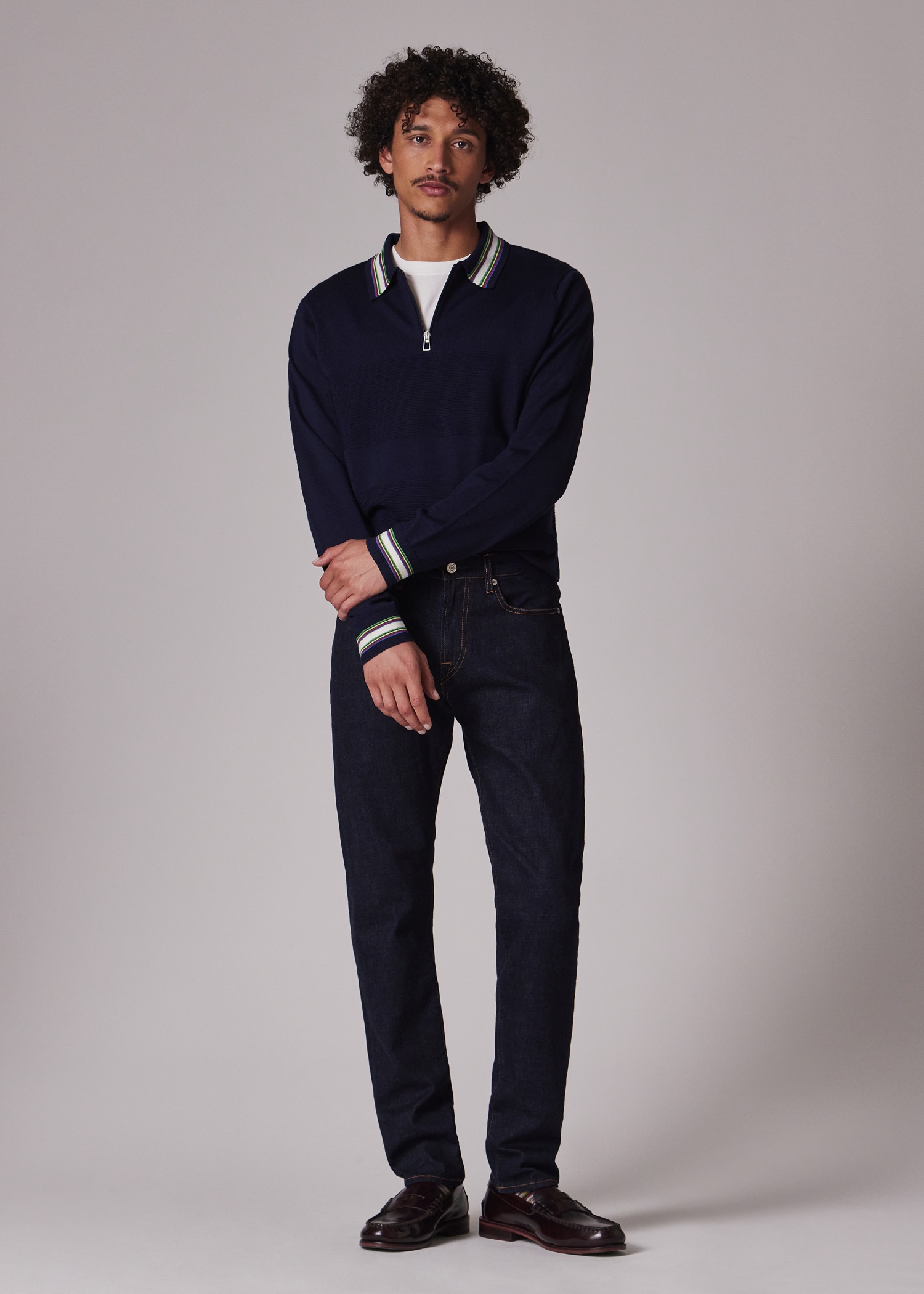 Navy Wool-Cotton Zip Neck Knitted Polo Shirt - 4