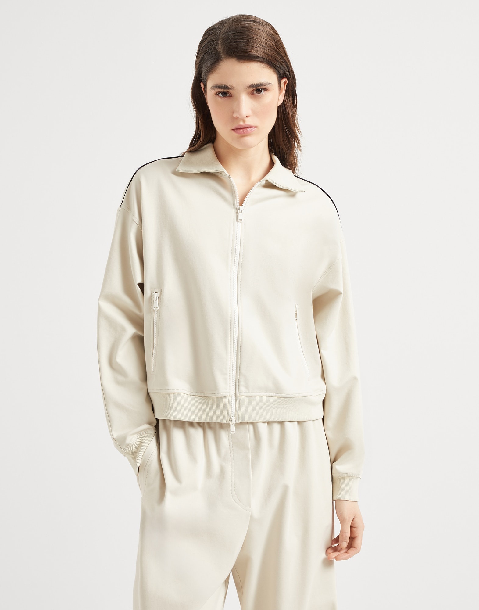 Couture interlock sweatshirt with zipper, piping and monili - 1