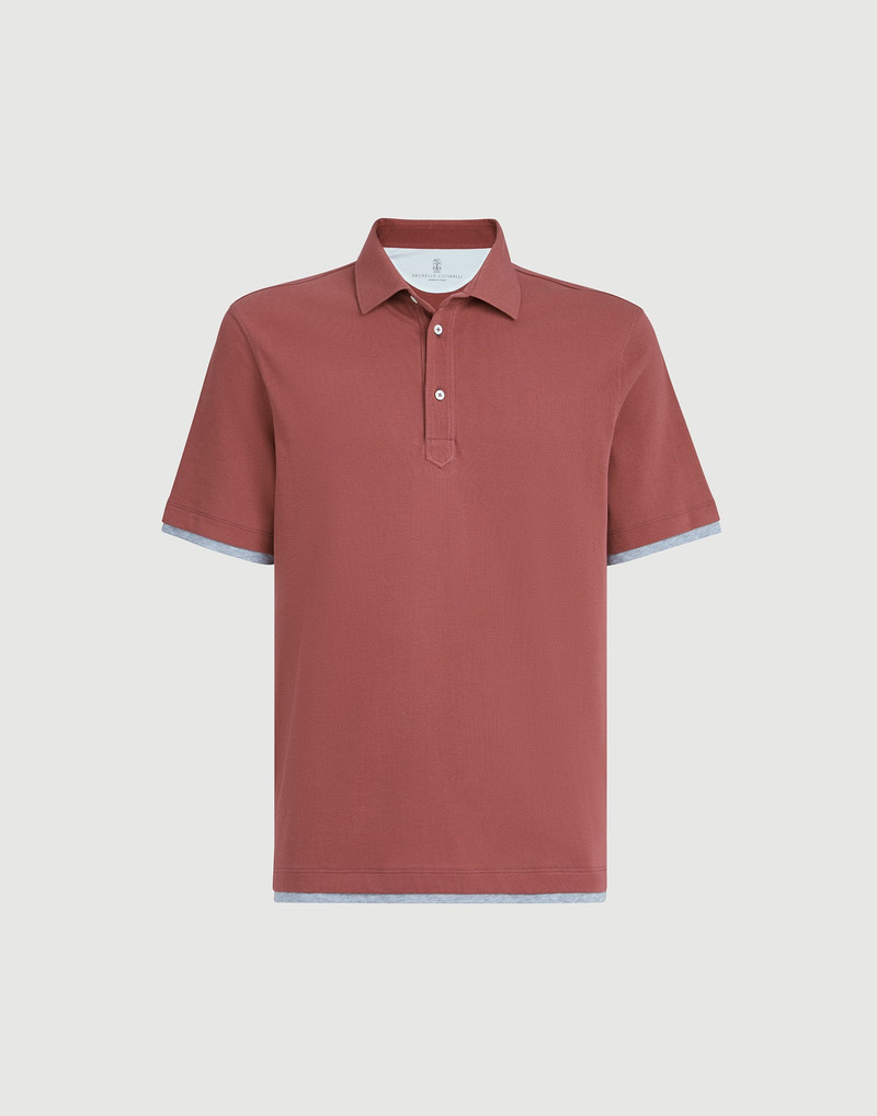Cotton piqué shirt-style collar polo with faux-layering 1