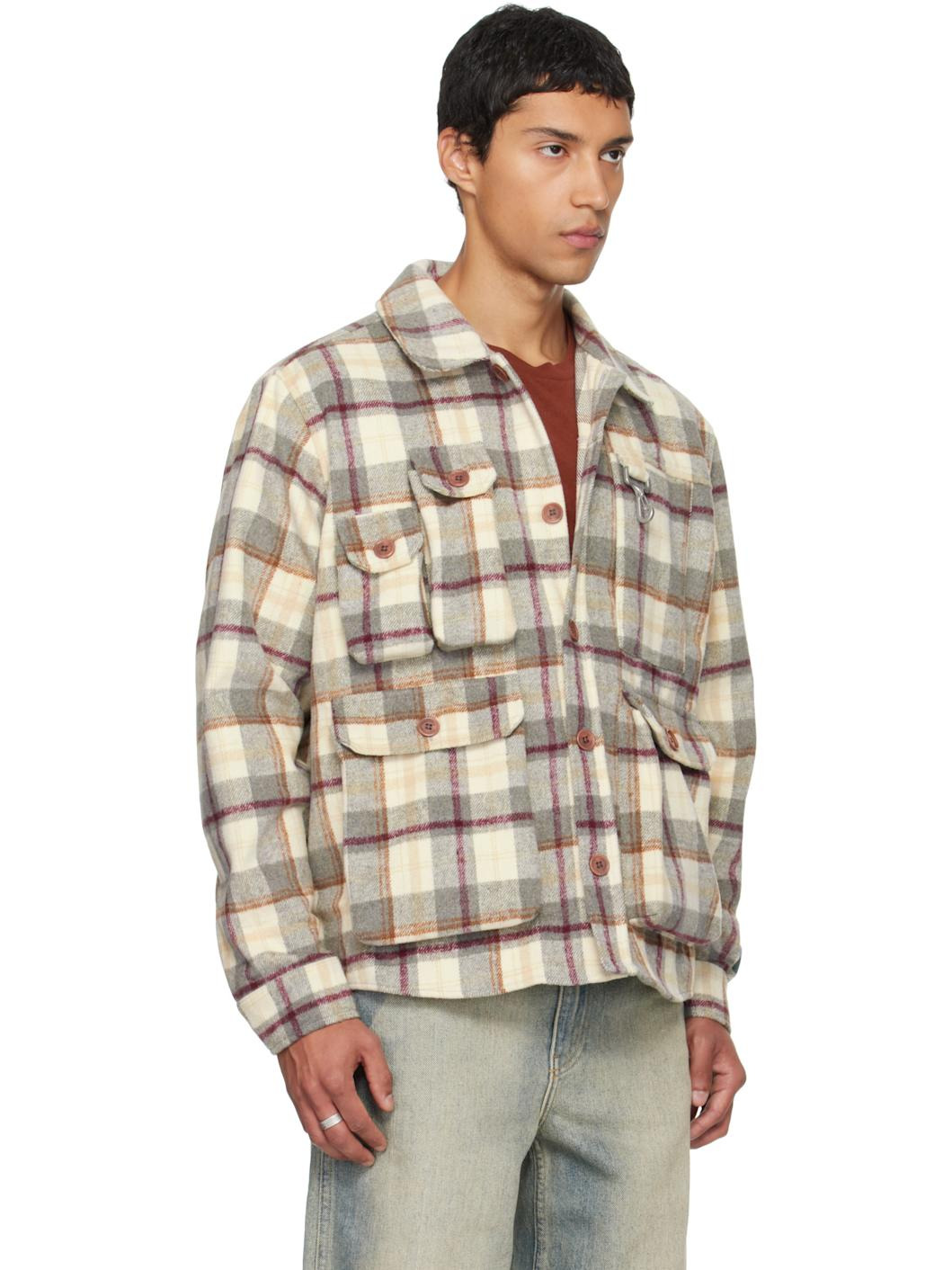 Gray & Beige Milled Flannel Cargo Button Down Shirt - 2