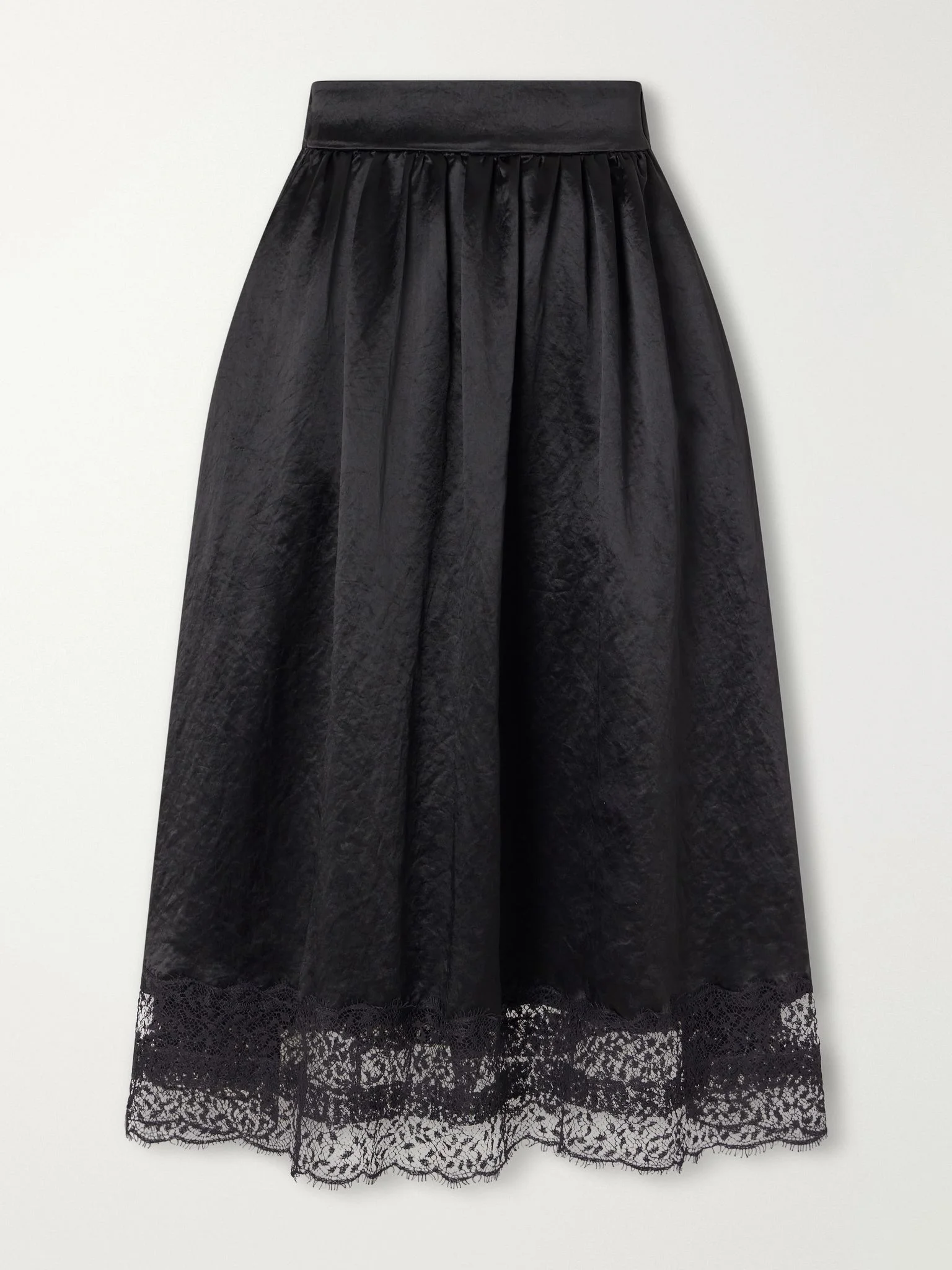 Gathered lace-trimmed crinkled satin midi skirt Black - 1