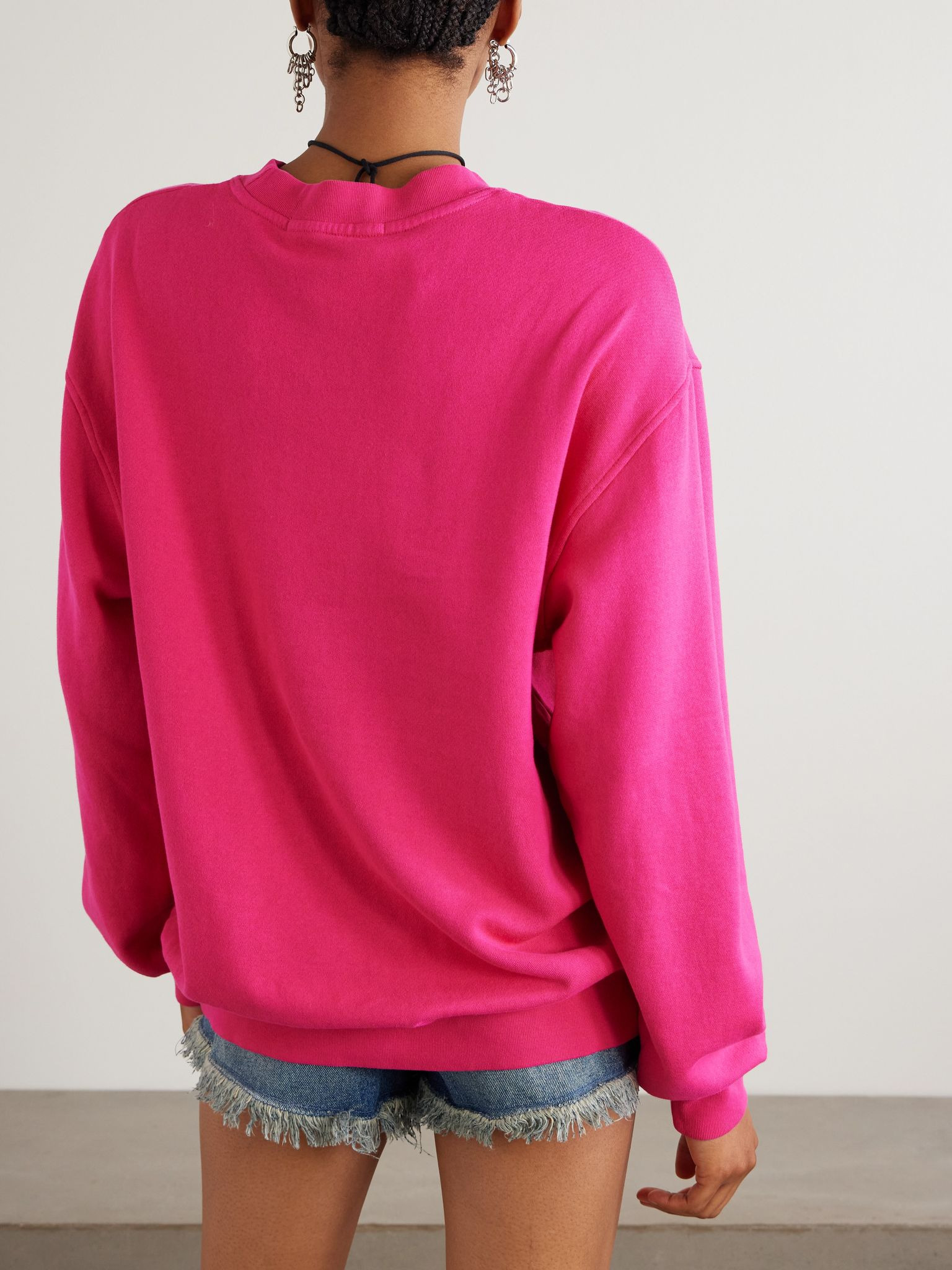 Embroidered cotton-blend jersey sweatshirt Fuchsia - 3
