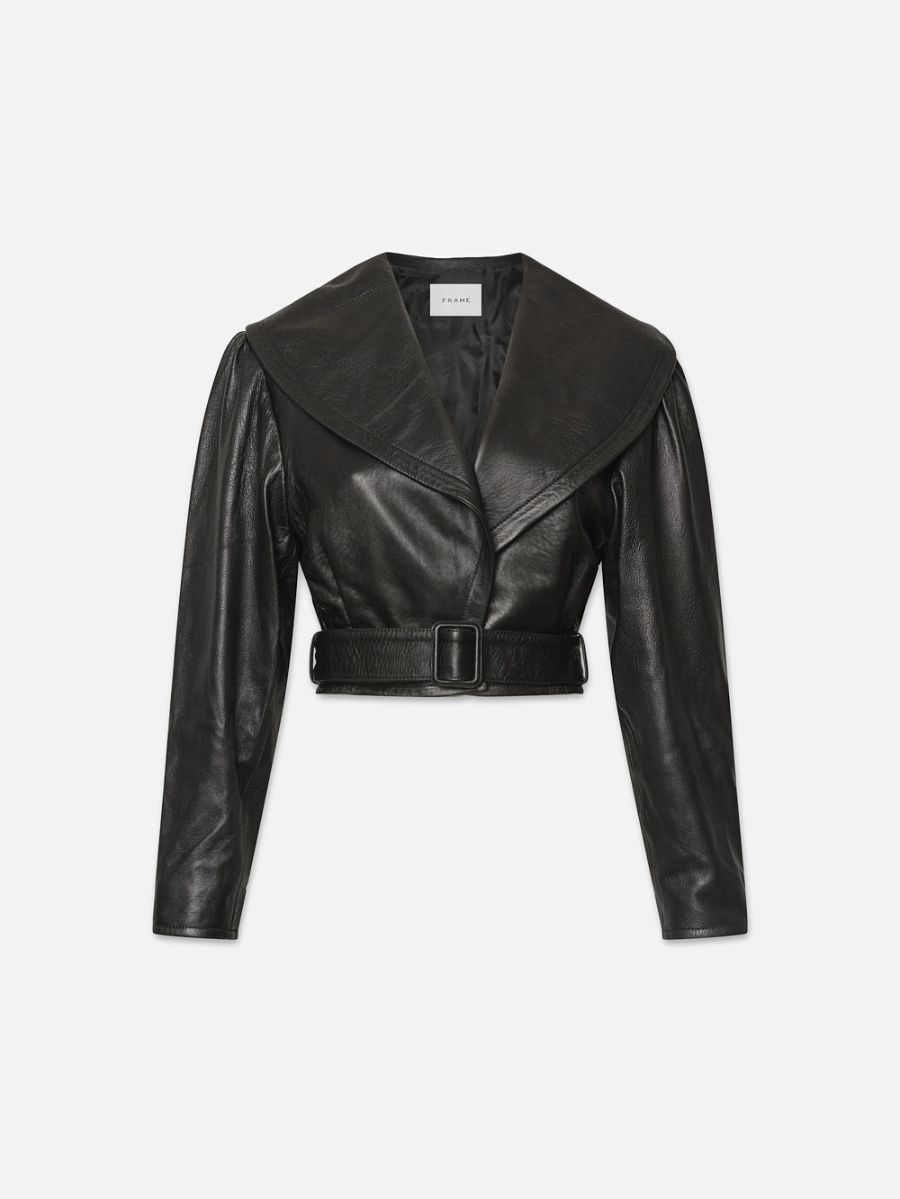 Cropped Belted Leather Jacket in Black - 1