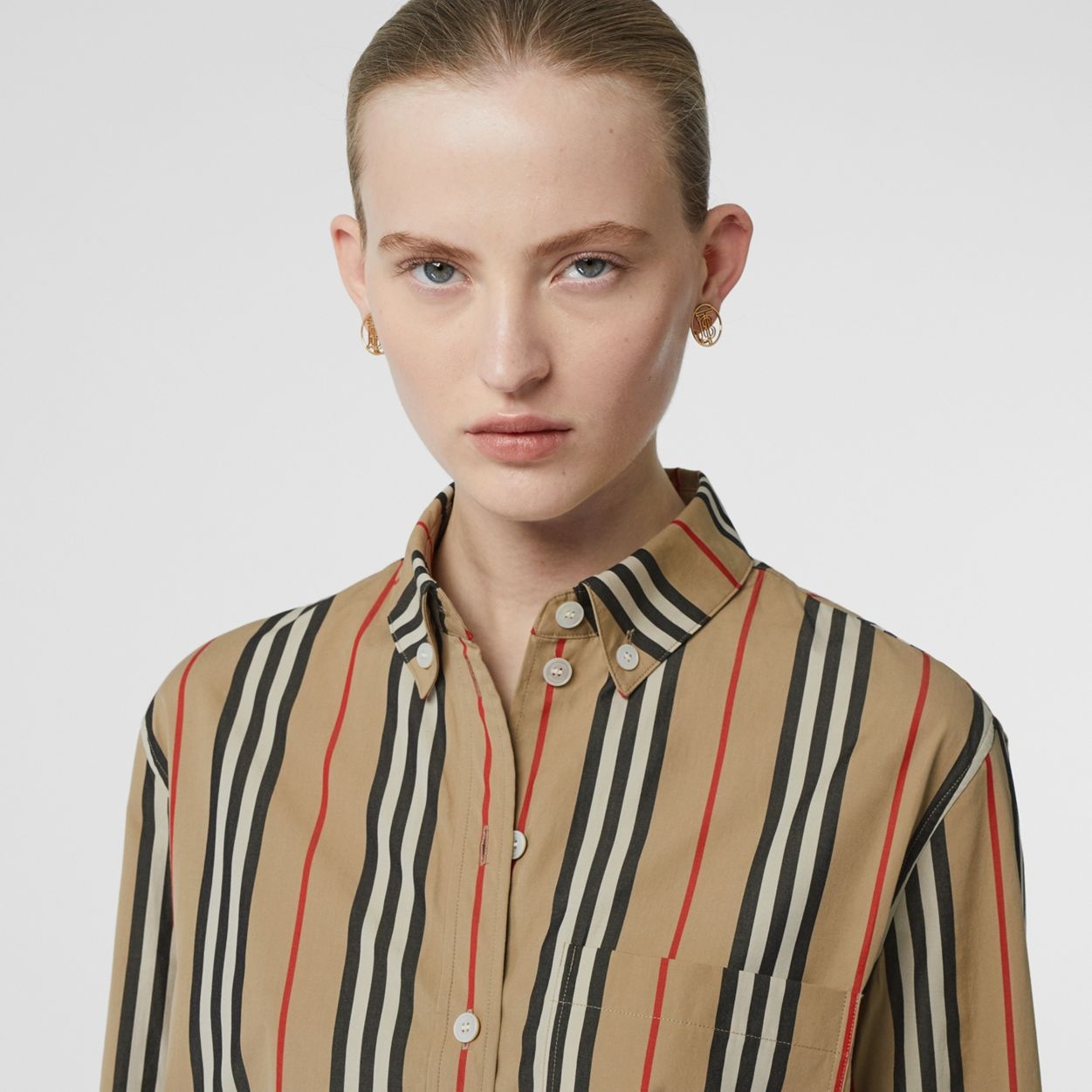 Button-down Collar Icon Stripe Cotton Shirt - 5