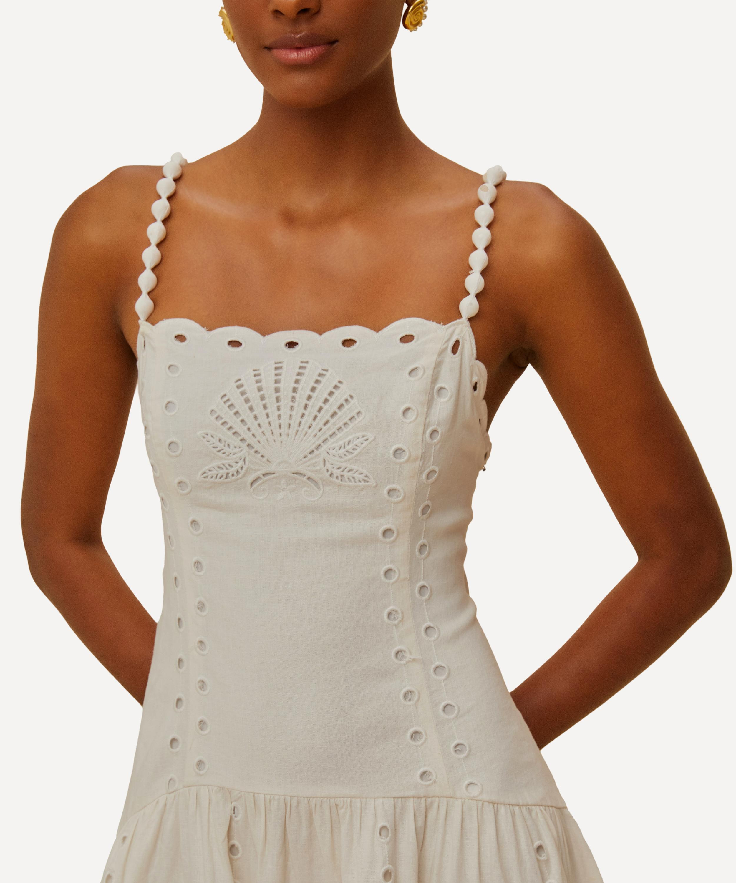 Off-White Flowers Richelieu Linen Sleeveless Midi Dress - 3