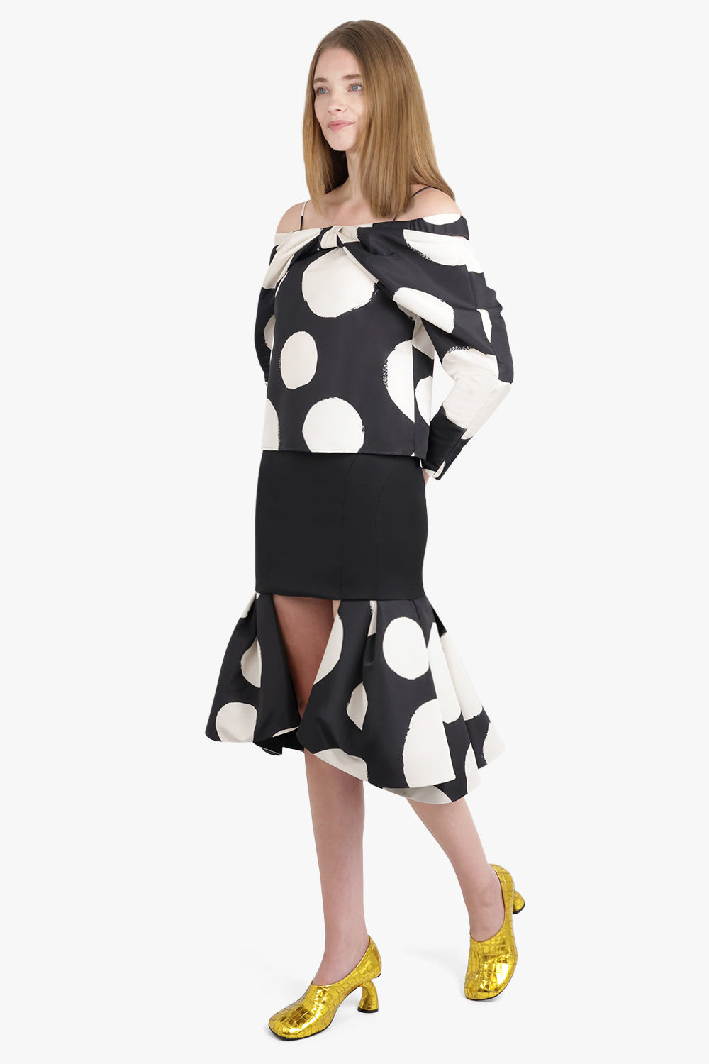 PEPLUM POLKA DOT MIDI SKIRT WITH CUT OUT DETAIL | BLACK/WHITE - 2