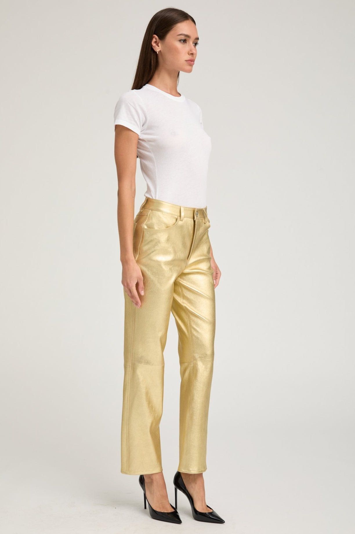 METALLIC GOLD LEATHER 5 POCKET ANKLE SLIM STRAIGHT - 2