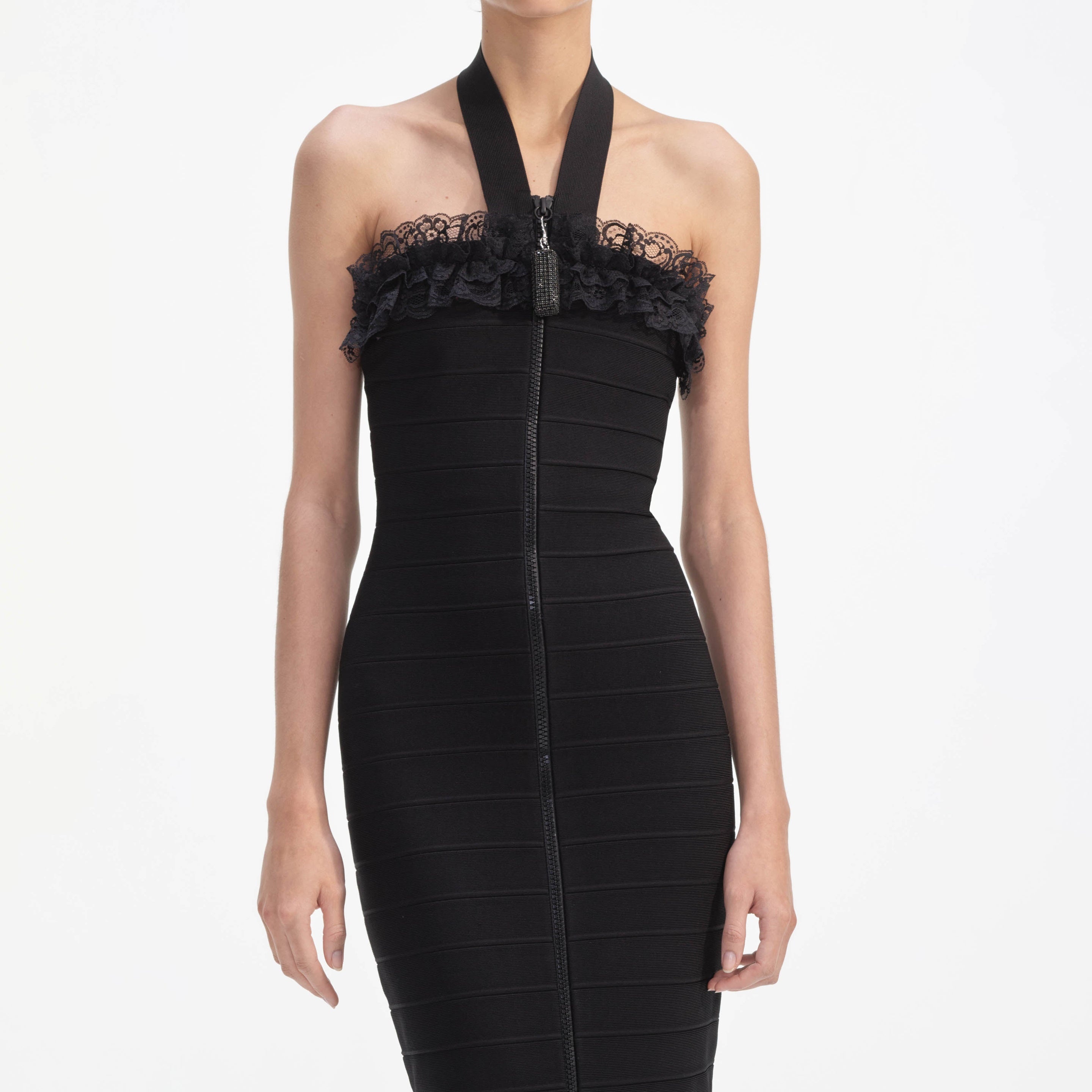 Black Knit Zip Ruffle Midi Dress - 4