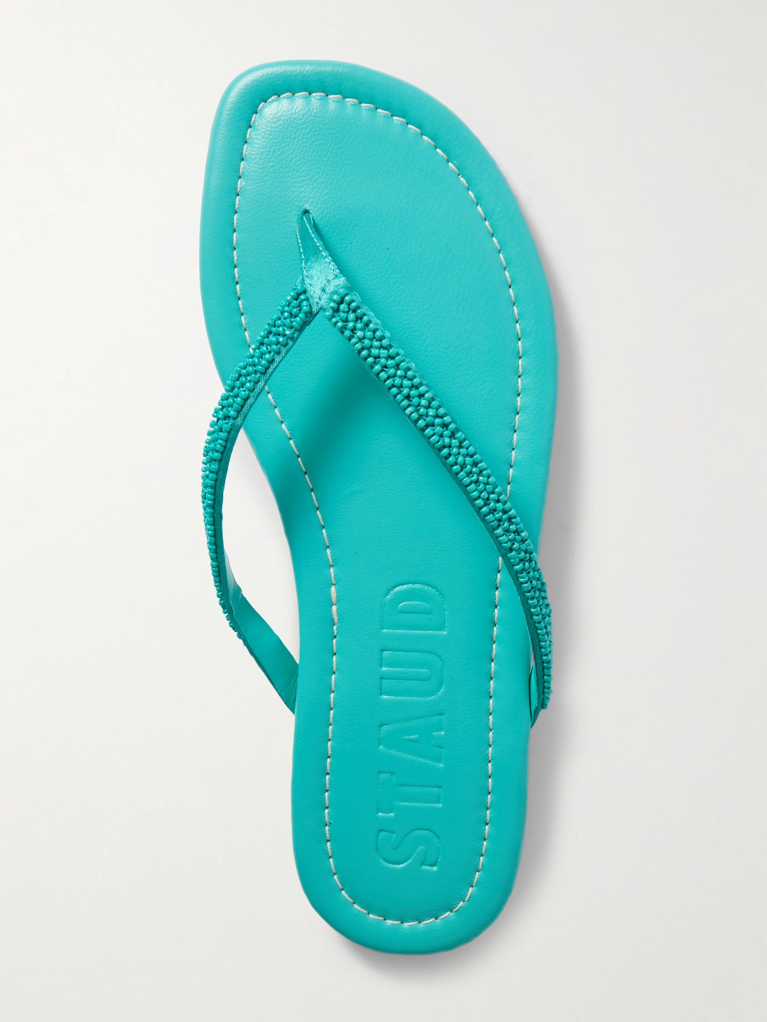 Freja beaded satin-trimmed leather flip flops Teal - 5