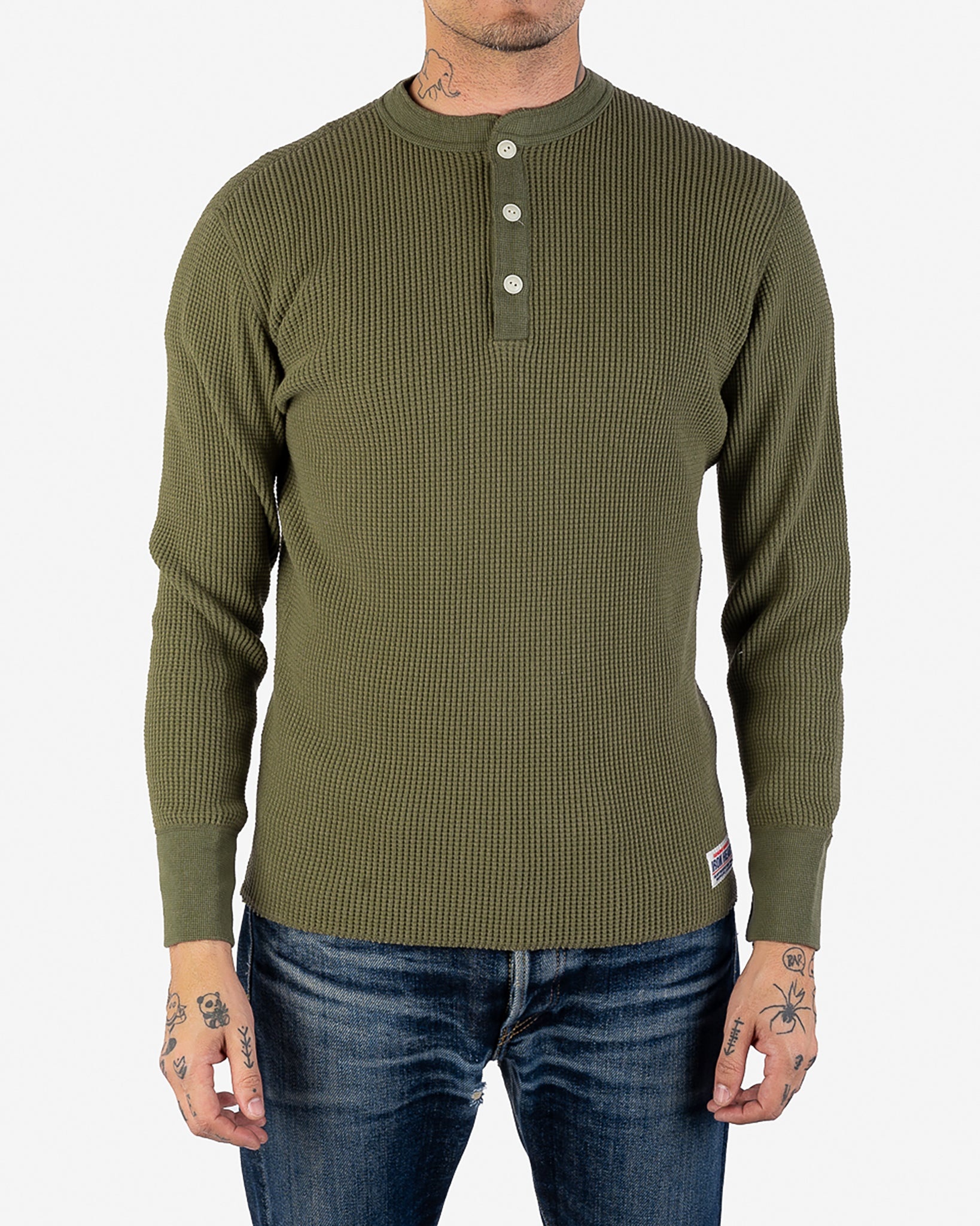 IHTL-1213-OLV Waffle Knit Long Sleeved Thermal Henley - Olive - 2