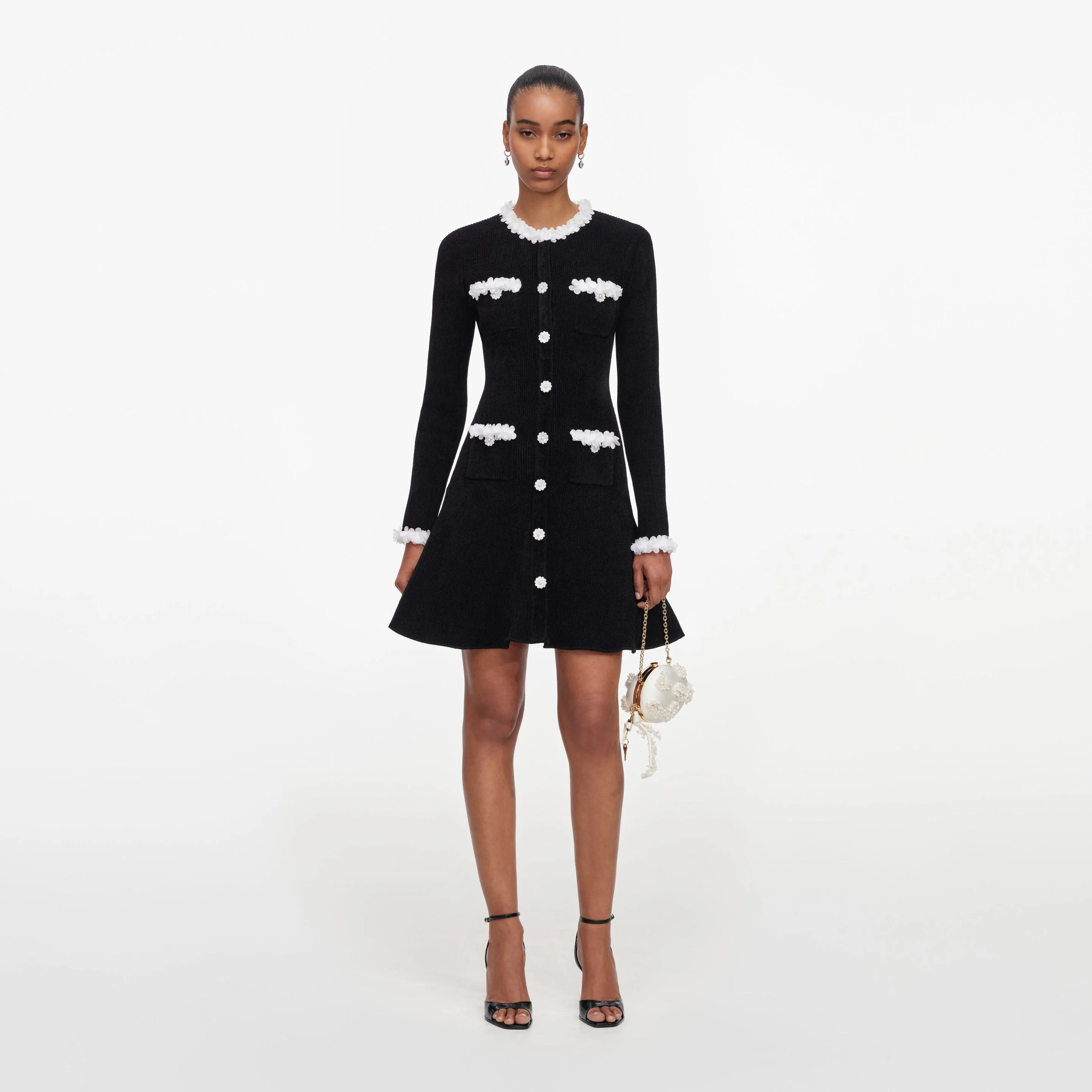 Black Chenille Knit Flower Trim Mini Dress - 1