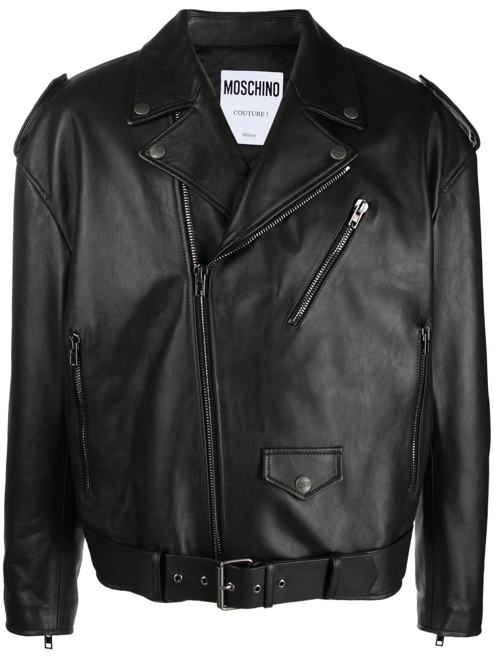 notched-lapels zip-pockets leather jacket - 1