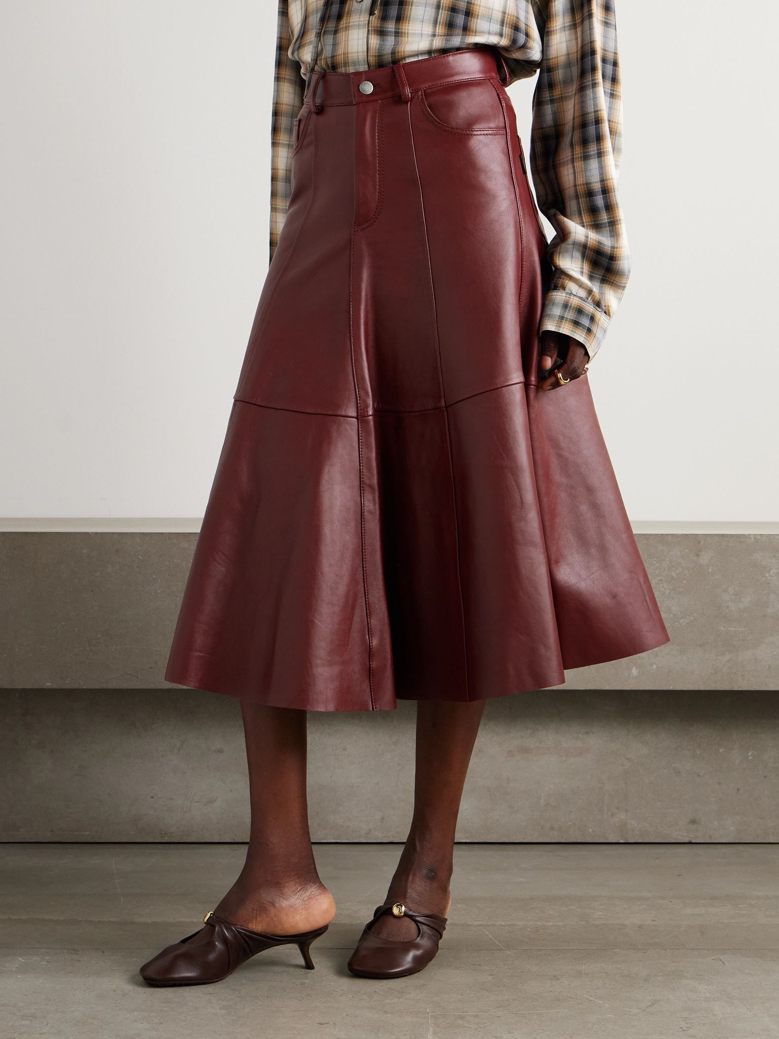 Serenity paneled leather midi skirt Red - 3