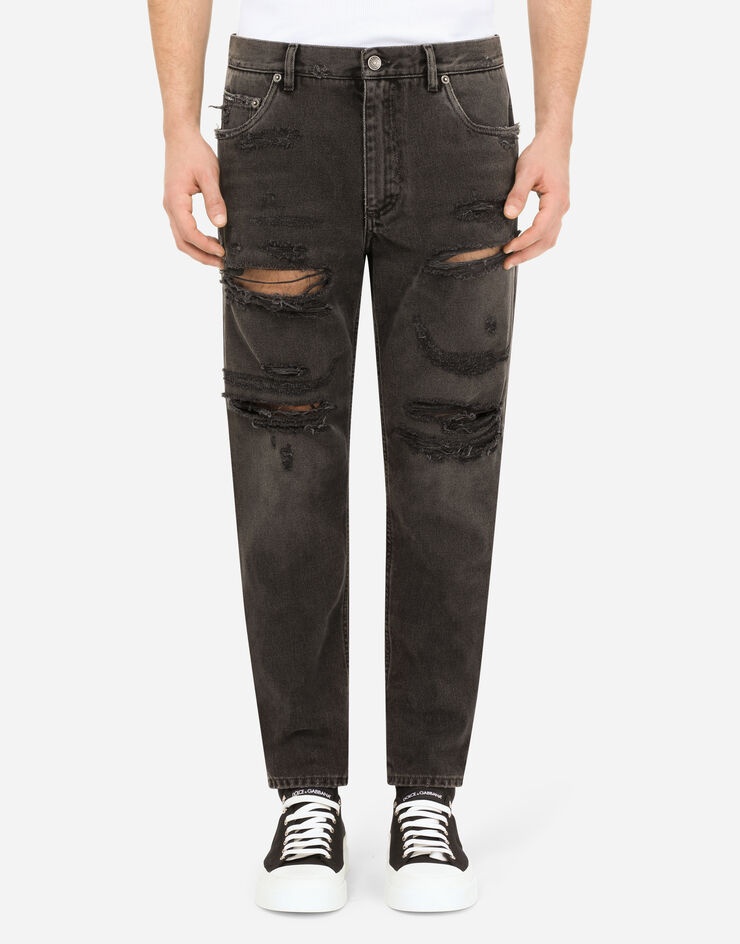 Loose light gray jeans with repaired rips - 1