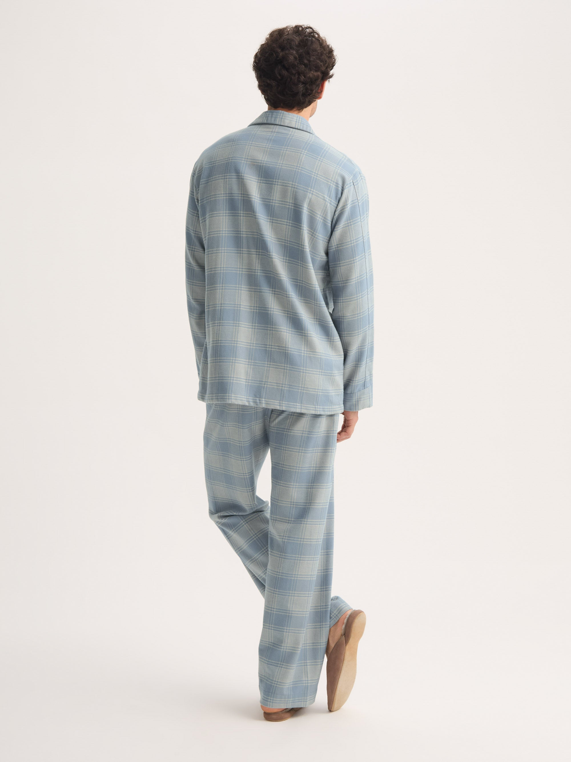 Men's Classic Fit Pajamas Kelburn Brushed Cotton Storm Blue & Ecru Check - 3