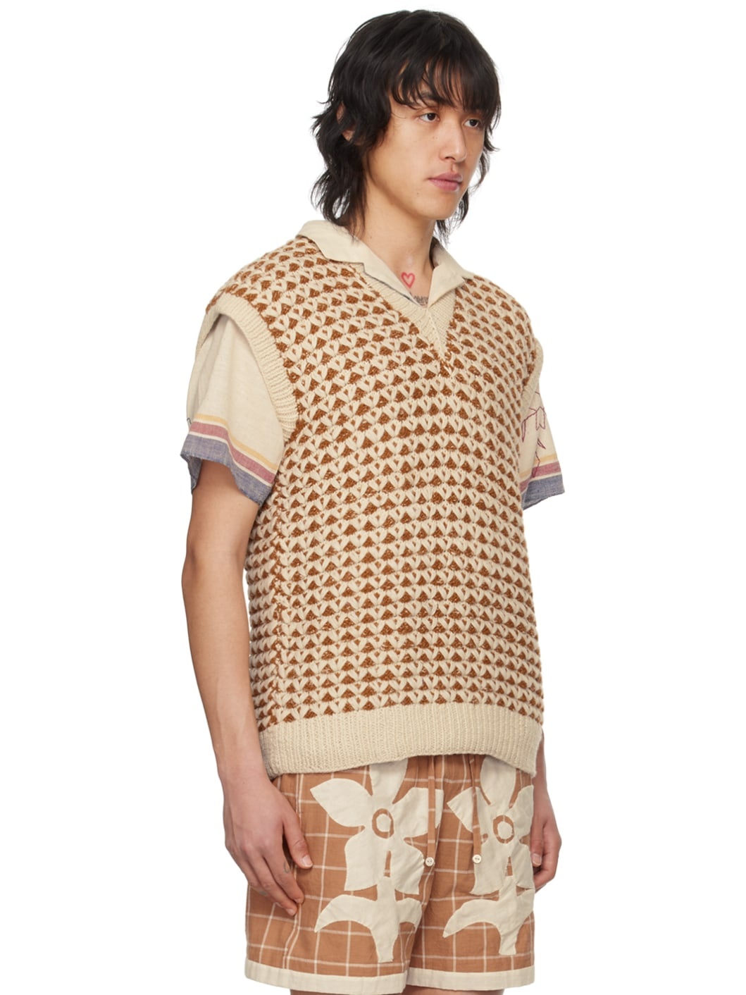 Orange & Off-White Jacquard Vest - 2