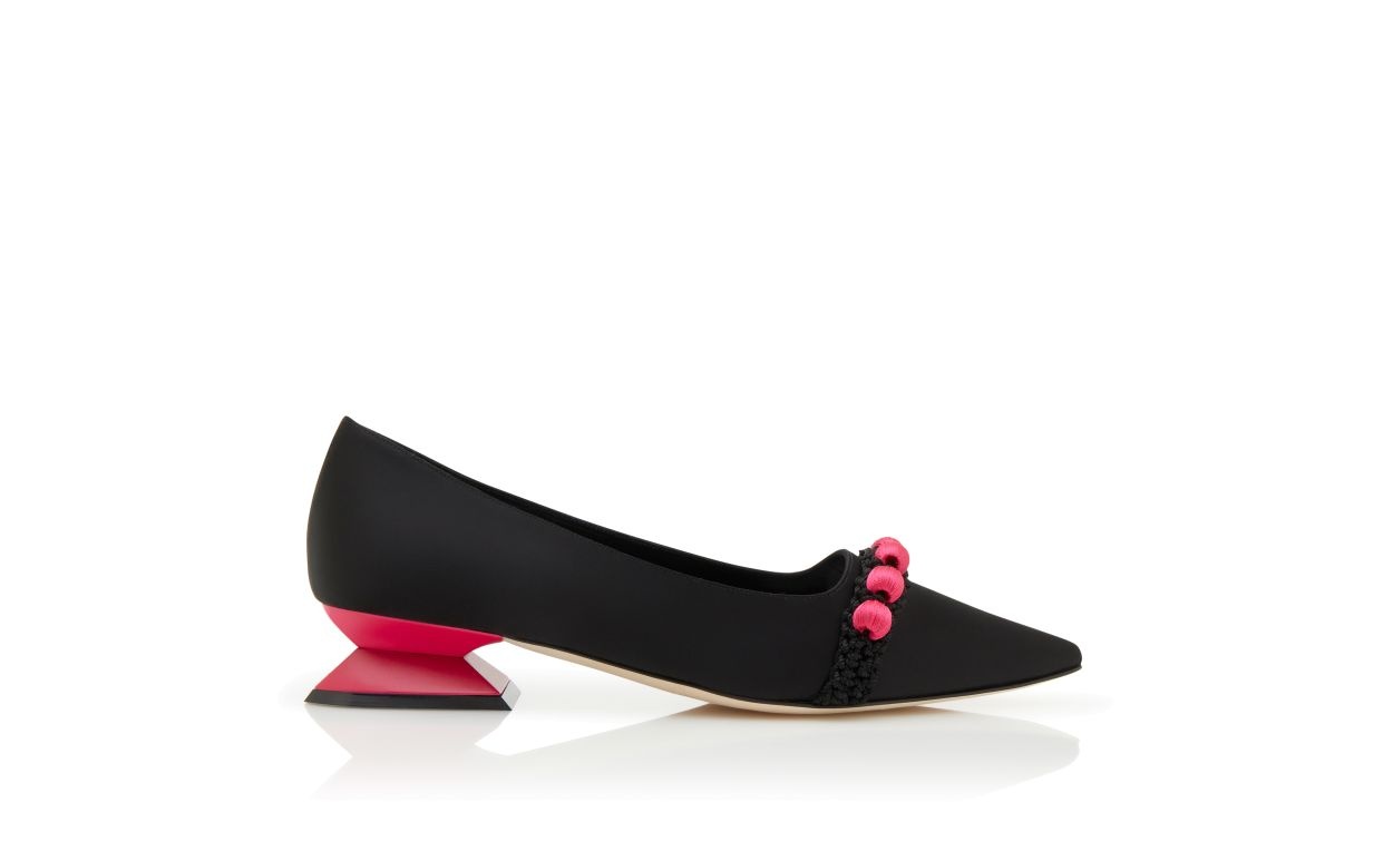 Black and Pink Satin Pom Pom Pumps - 1