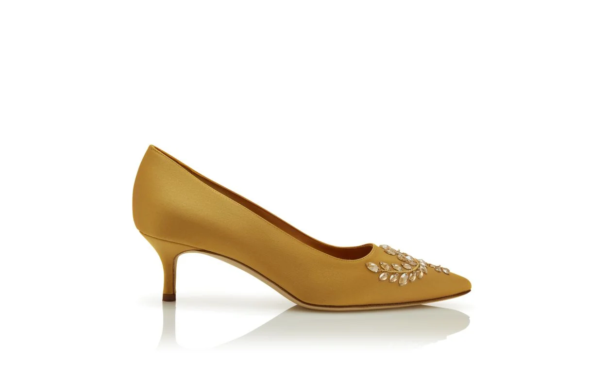 Dark Yellow Satin Embroidered Pumps - 1