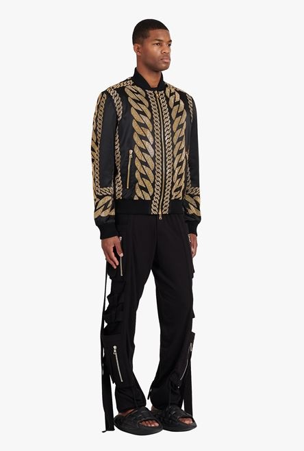 Black silk bomber jacket with gold-tone chain embroidery - 7