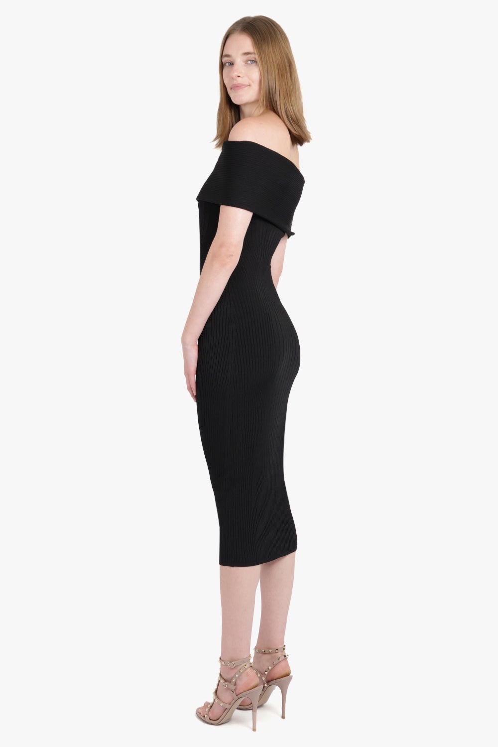 OFF SHOULDER SCULPTING KNIT MIDI DRESS | BLACK - 5