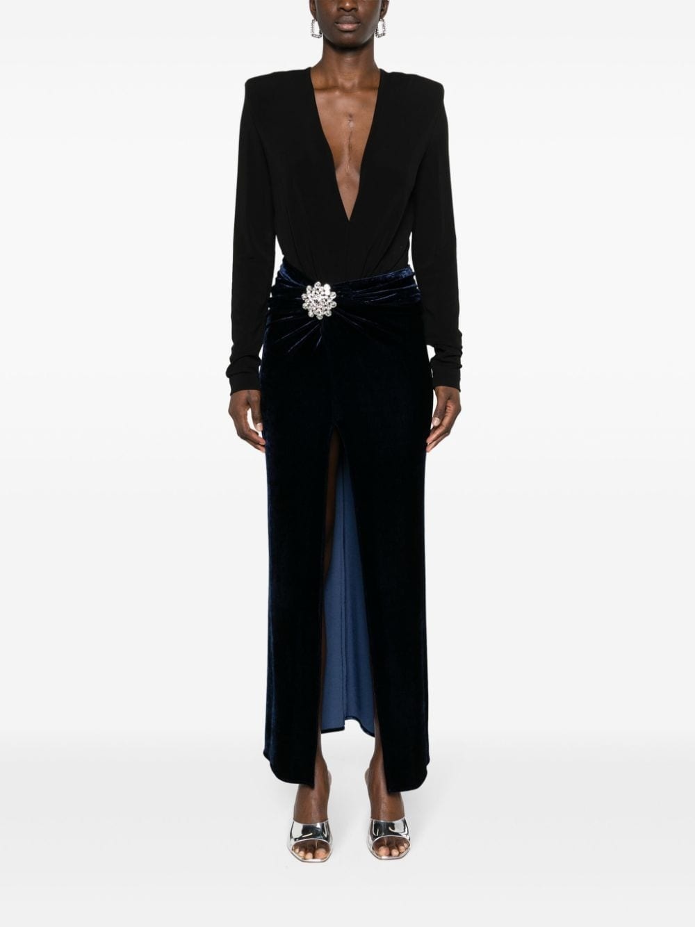 crystal-brooch velvet midi skirt - 2