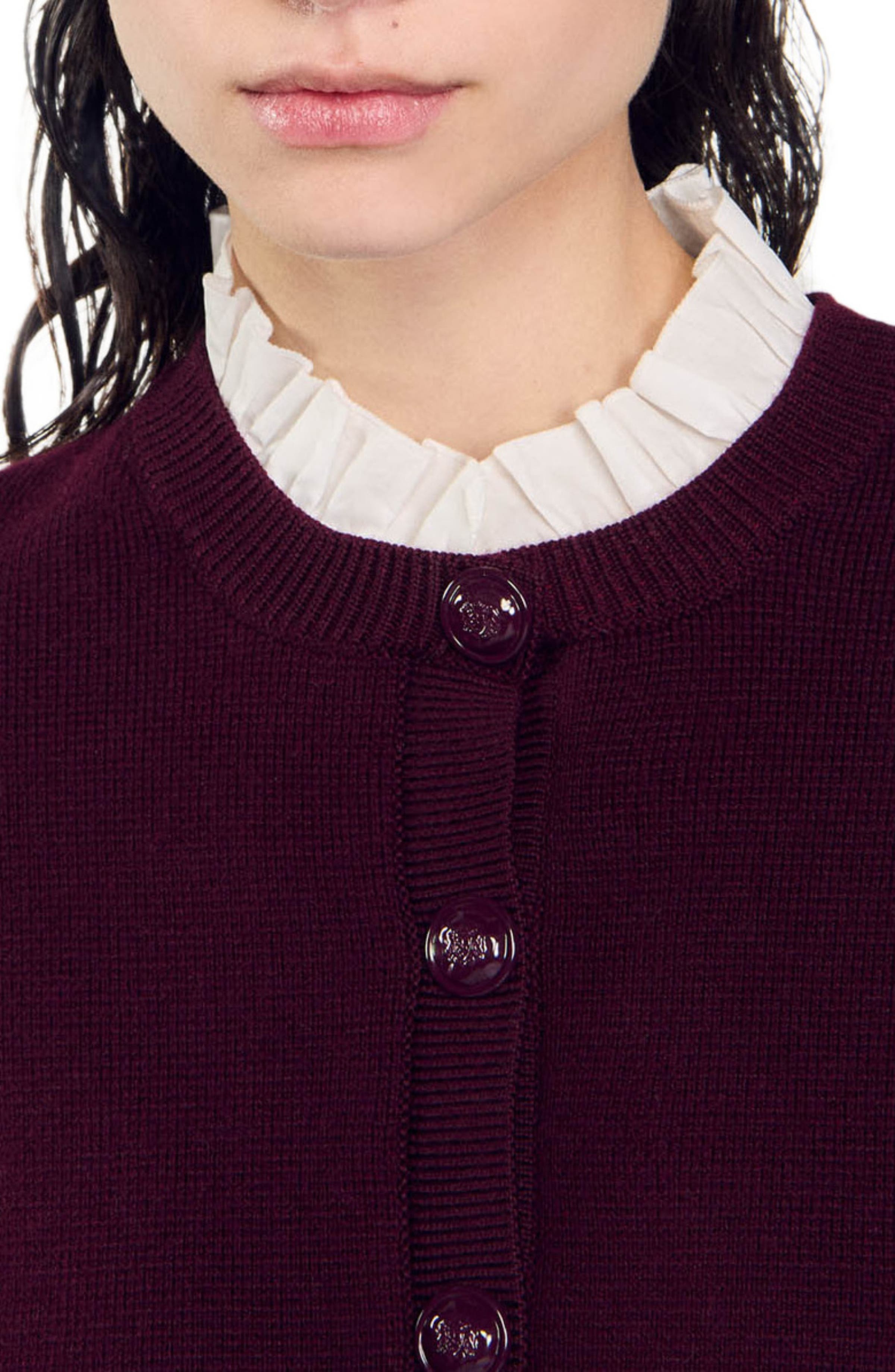 SANDRO Knit cardigan with ruffled collar in Bordeaux at Nordstrom - 3