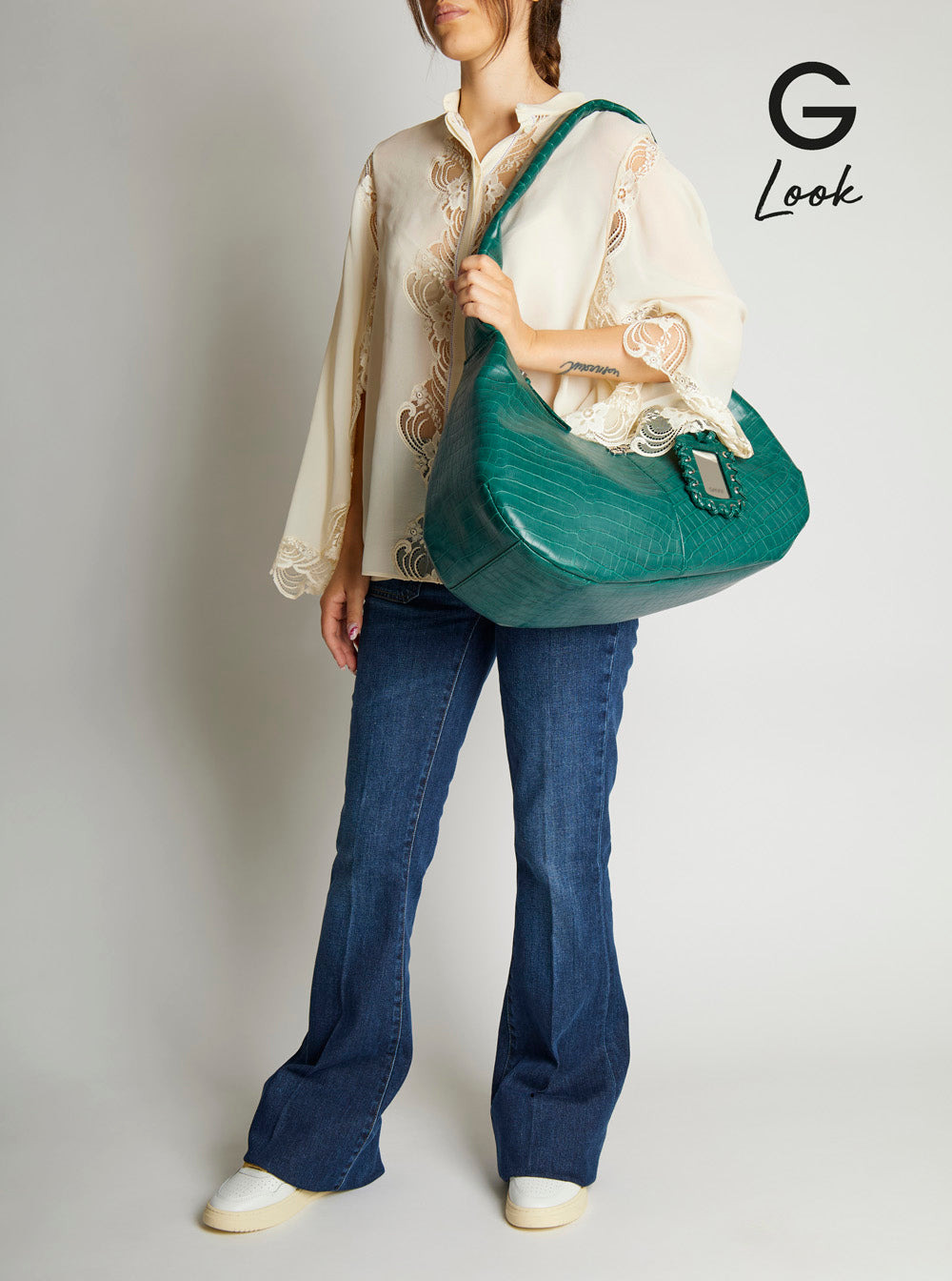 Ganni Women 'Medium Bou' Green Shoulder Bag With Crocodile Leather Effect And Logo Plaque In Leather - 6